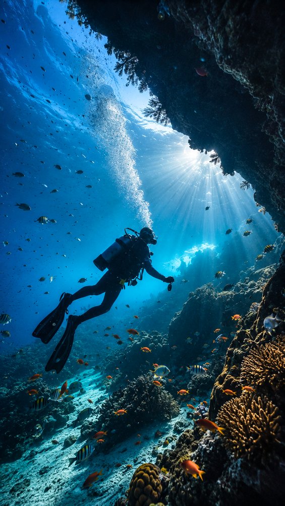 A scuba diver exploring an underwater reef in the Andaman Sea