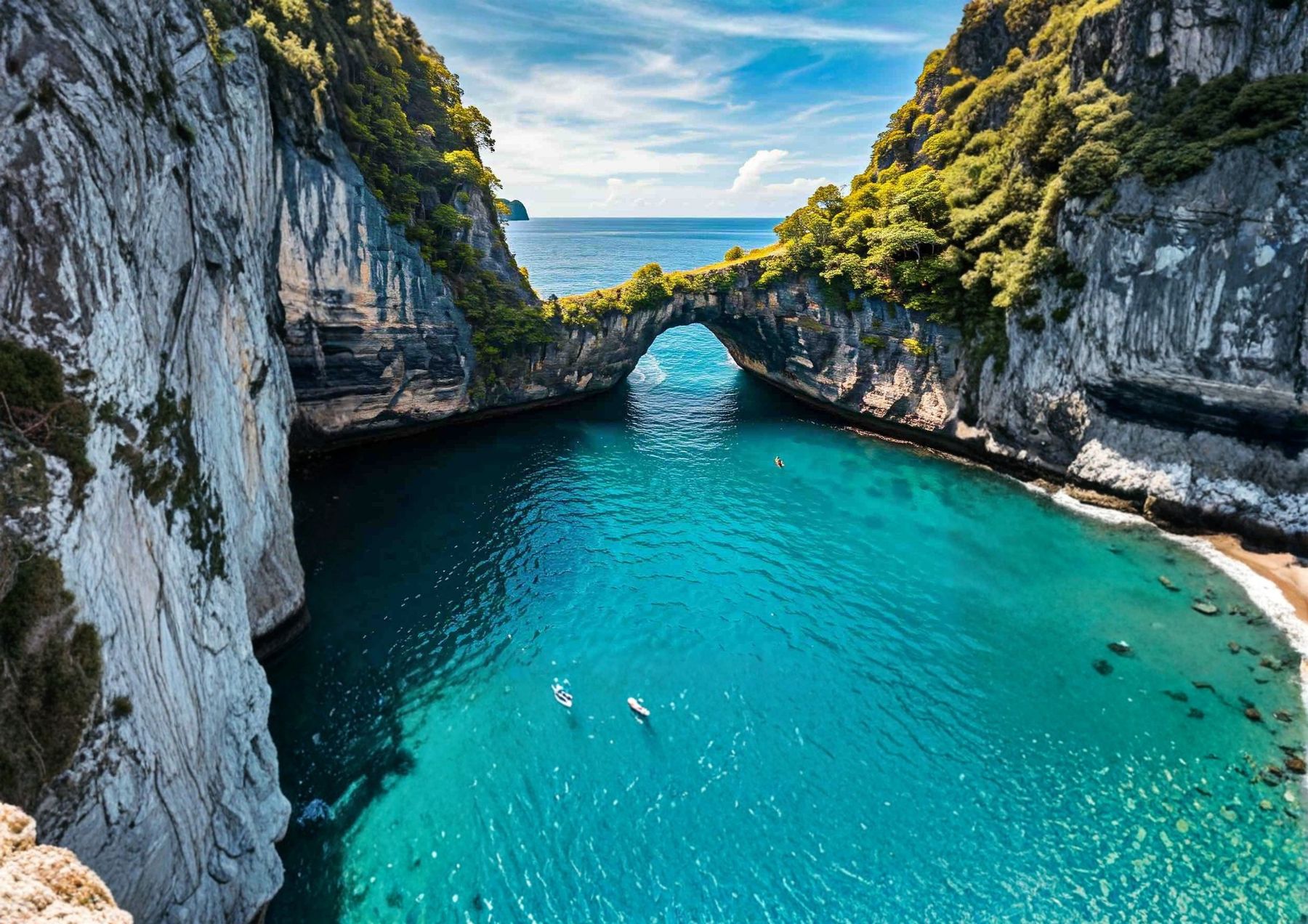 The Natural Bridge rock formation over turquoise water